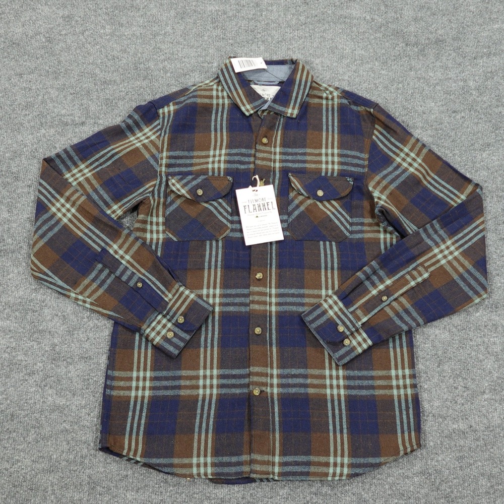 Tallwoods Shirt Men Small Brown Navy Plaid Filmore Flannel Long Sleeve Button Up